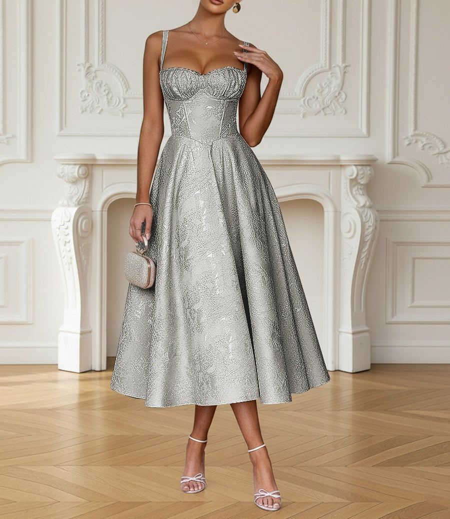 Y2K Spaghetti Strap Midi Prom Dresses with Floral Jacquard