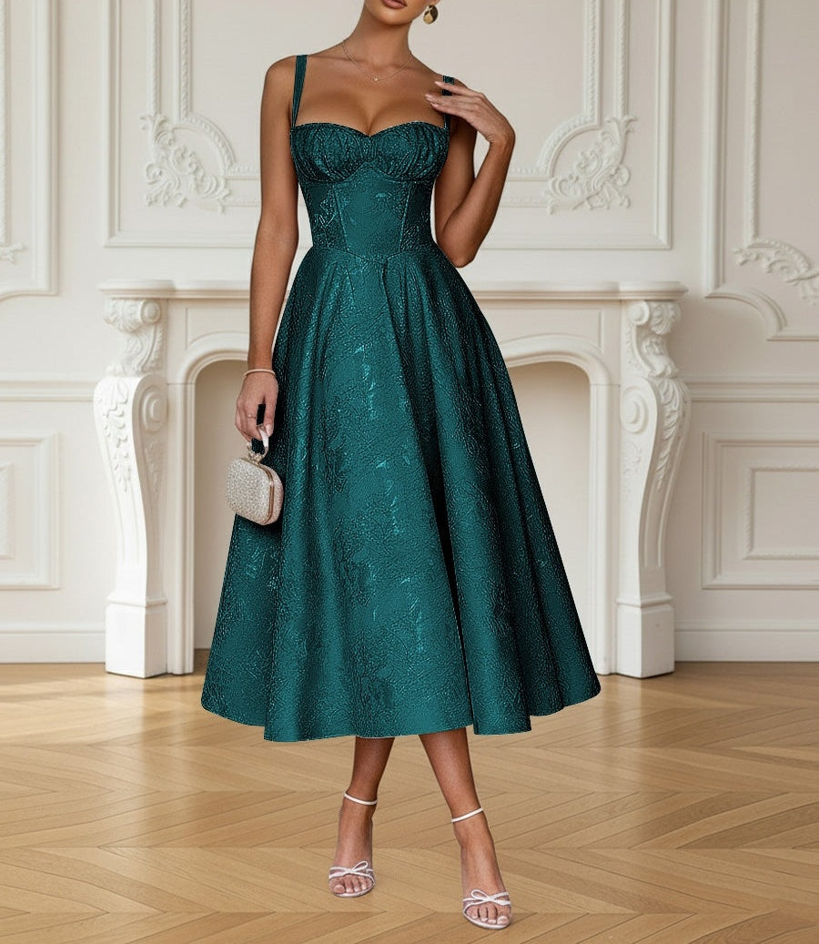 Y2K Spaghetti Strap Midi Prom Dresses with Floral Jacquard