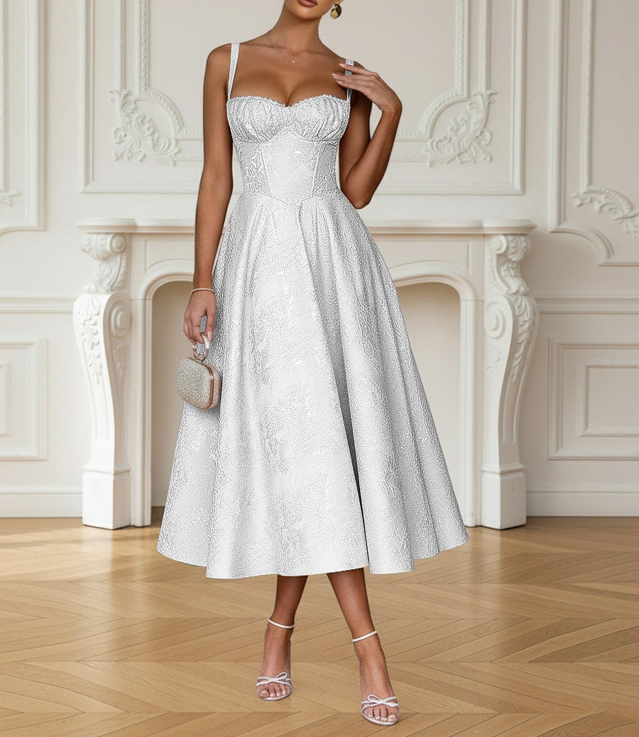 Y2K Spaghetti Strap Midi Prom Dresses with Floral Jacquard