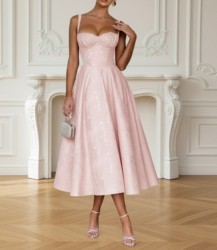 Y2K Spaghetti Strap Midi Prom Dresses with Floral Jacquard