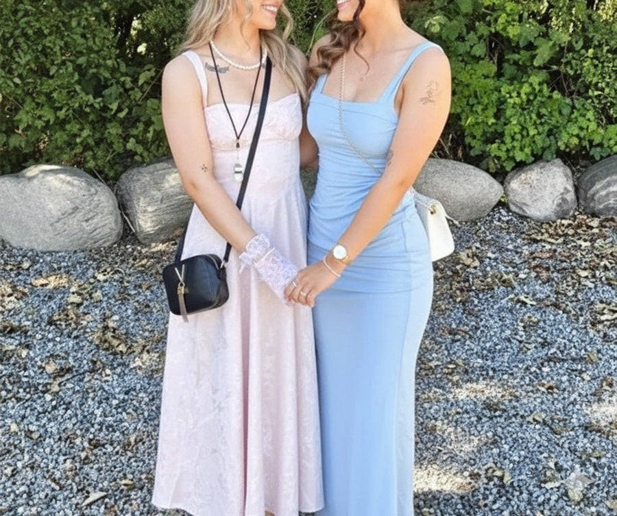 Y2K Spaghetti Strap Midi Prom Dresses with Floral Jacquard