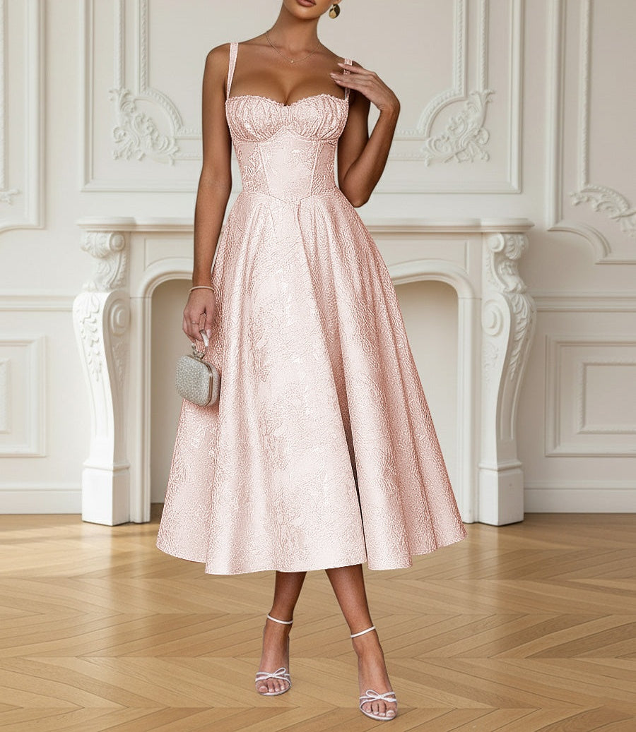 Y2K Spaghetti Strap Midi Prom Dresses with Floral Jacquard