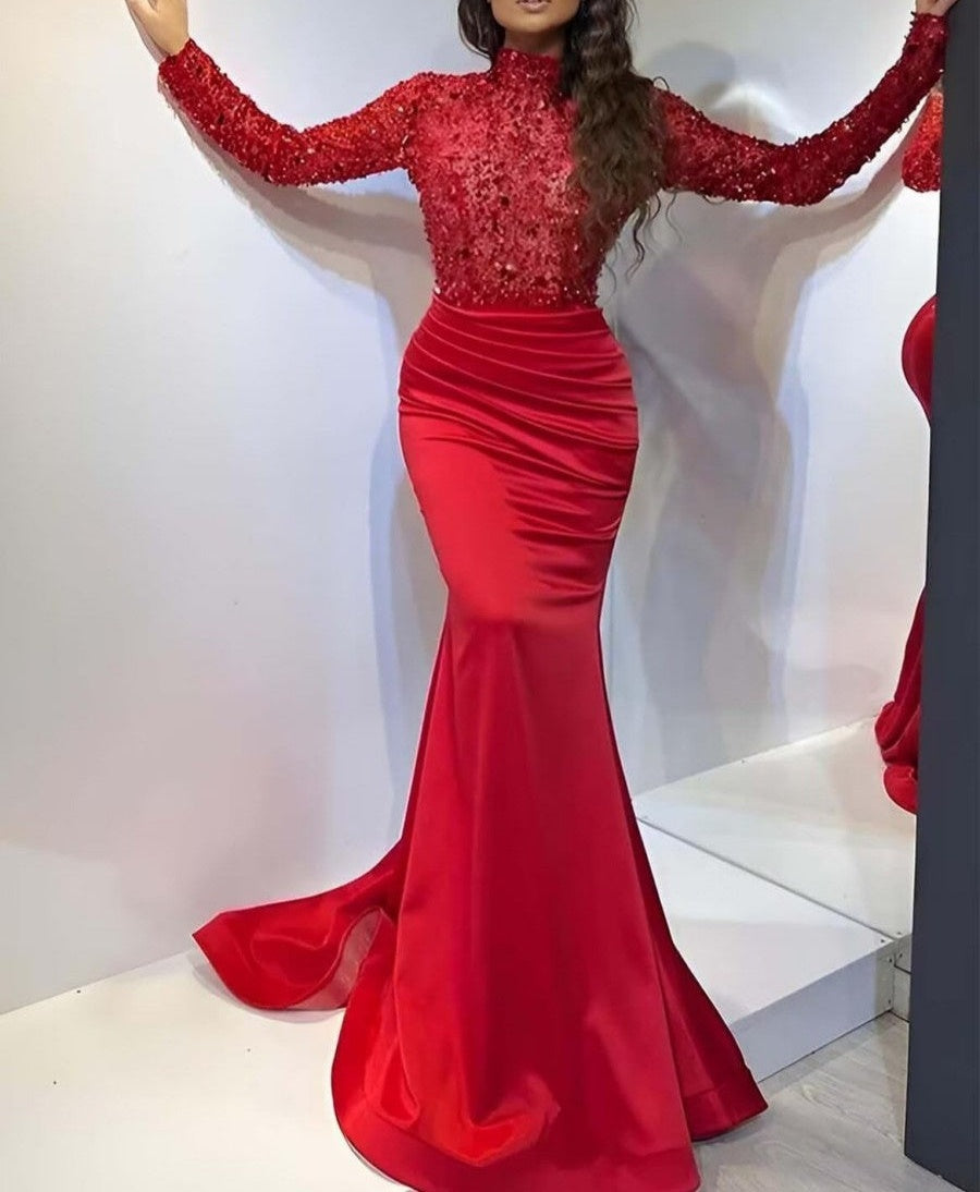 Mermaid/Trumpet Long Sleeve High Neck Floor-Length Formal Dresses with Sparkly Sequin