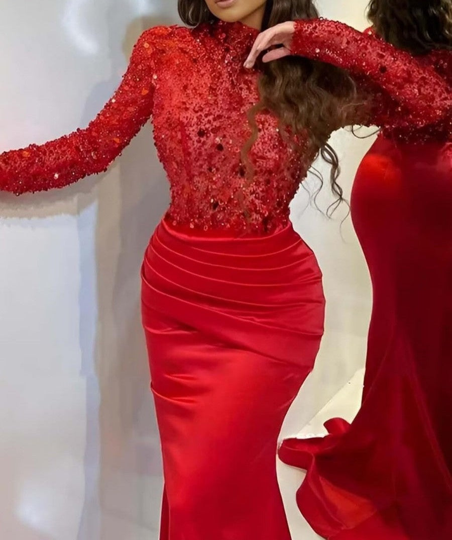 Mermaid/Trumpet Long Sleeve High Neck Floor-Length Formal Dresses with Sparkly Sequin