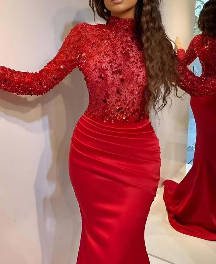 Mermaid/Trumpet Long Sleeve High Neck Floor-Length Formal Dresses with Sparkly Sequin
