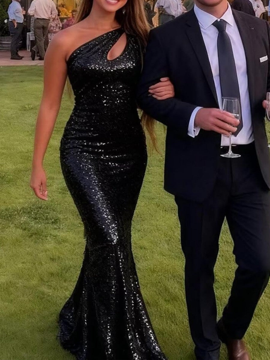 Mermaid/Trumpet One Shoulder Cut-out Floor-Length Formal Dresses with Sparkly Sequin