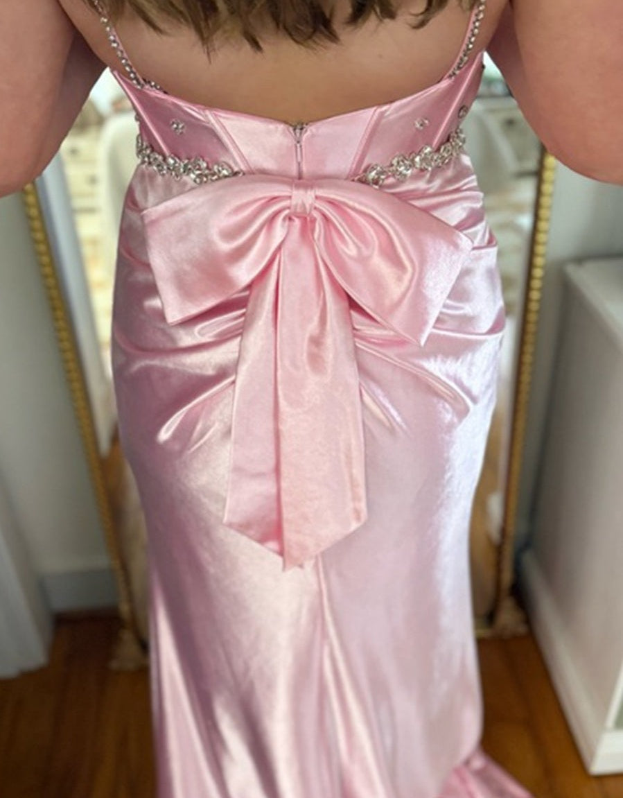 Spaghetti Strap V-Neck Bow Back Mermaid Long Prom Dresses with Sparkly Appliques