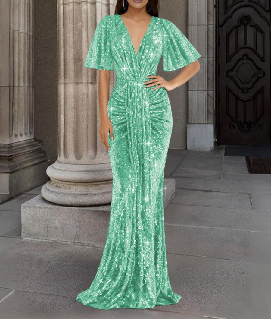 Mermaid/Trumpet V Neck Flutter Sleeve Floor-Length Formal Evening Dresses with Sparkly Sequin