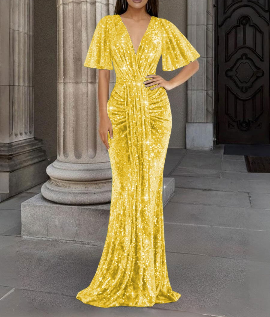 Mermaid/Trumpet V Neck Flutter Sleeve Floor-Length Formal Evening Dresses with Sparkly Sequin