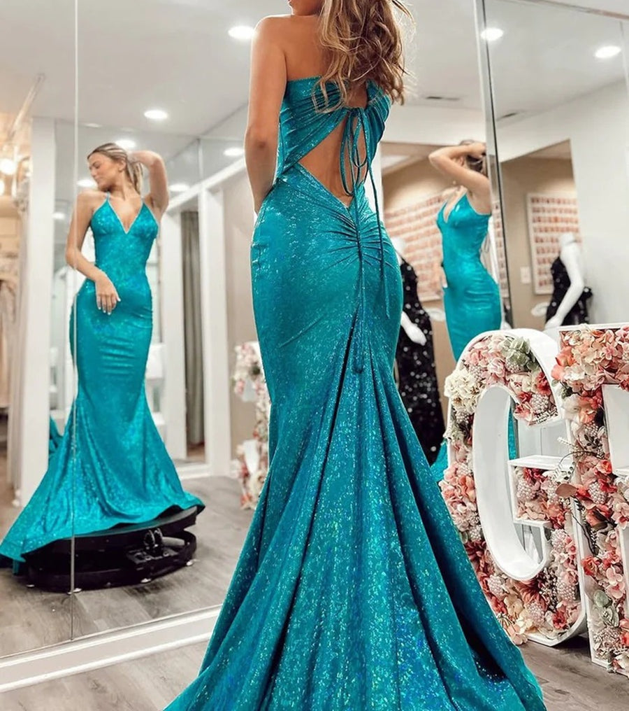 Sparkly Mermaid/Trumpet V-Neck Empire Waist Floor-Length Prom Dresses with Sequin