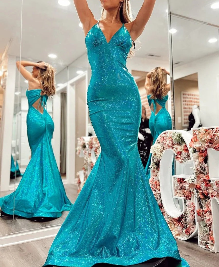 Sparkly Mermaid/Trumpet V-Neck Empire Waist Floor-Length Prom Dresses with Sequin