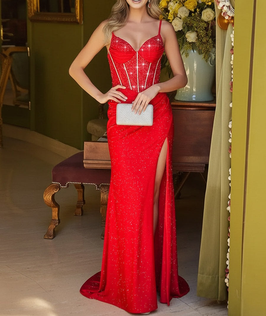 Mermaid Ruched Spaghetti Strap Maxi Formal Prom Gowns with Glitter Sequin