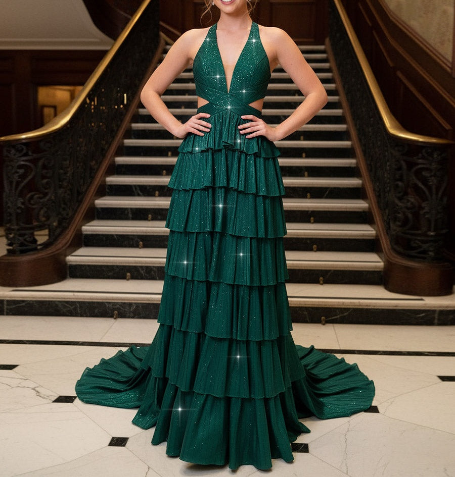 A Line/Princess Halter Tiered Cut-Out Floor-Length Fancy Prom Dresses with Beads