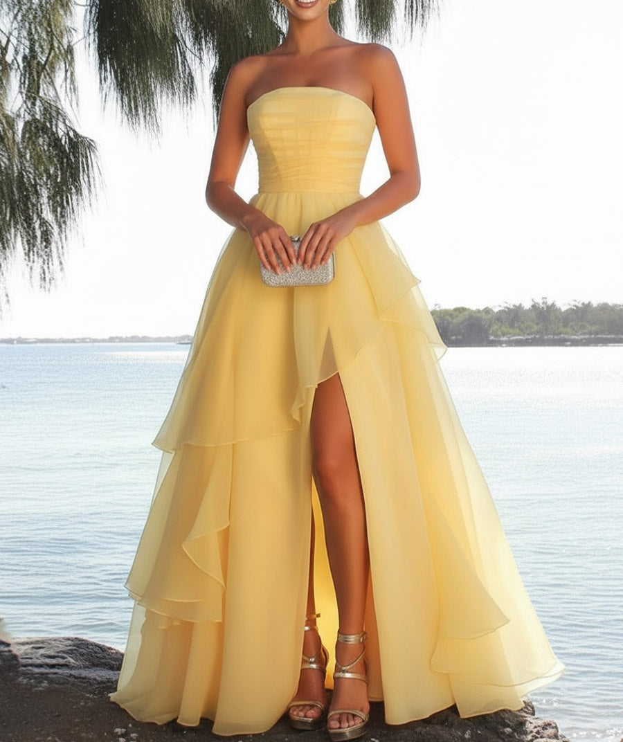Mermaid Layered Ruffle Sleeveless Floor-Length Fancy Prom Dresses with Slit