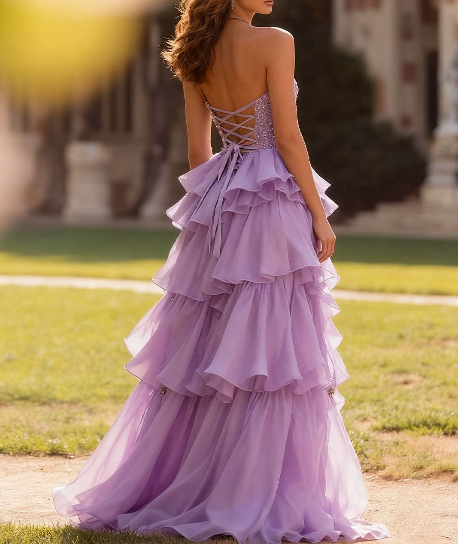 A Line/Princess Tiered Split Floor-Length Fancy Prom Dresses with Glitter Sequin