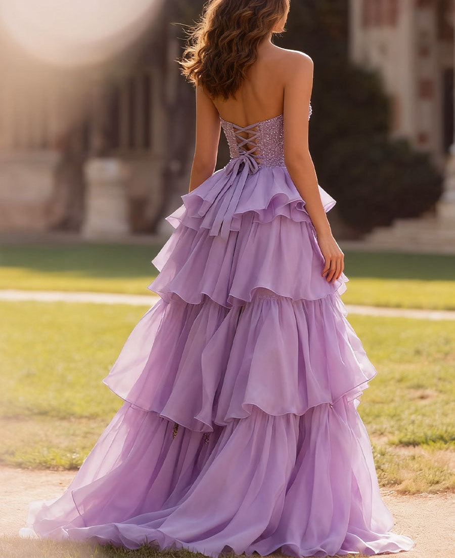 A Line/Princess Tiered Split Floor-Length Fancy Prom Dresses with Glitter Sequin