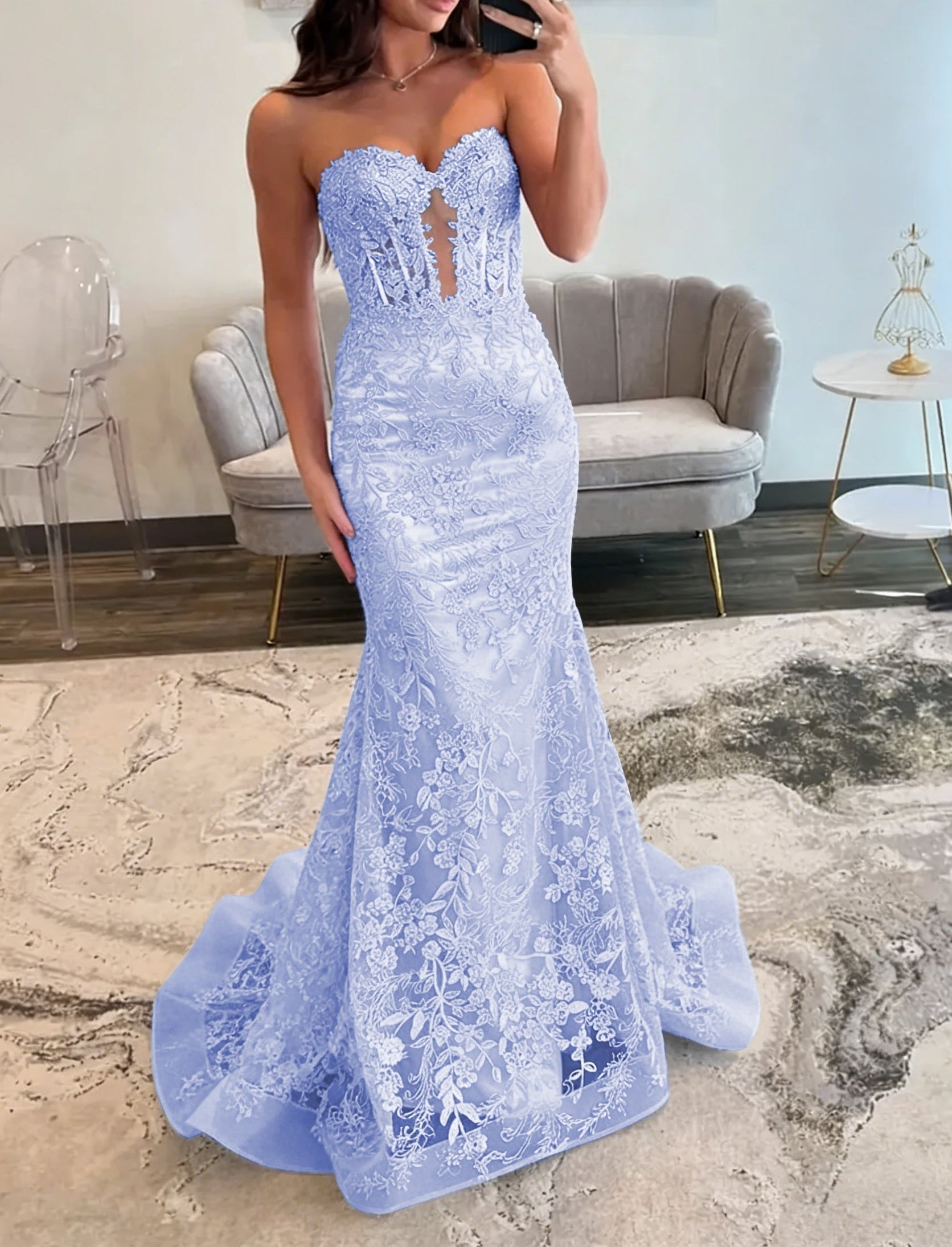 Lace Applique One Shoulder Long Prom Dresses Tiered Evening Gowns