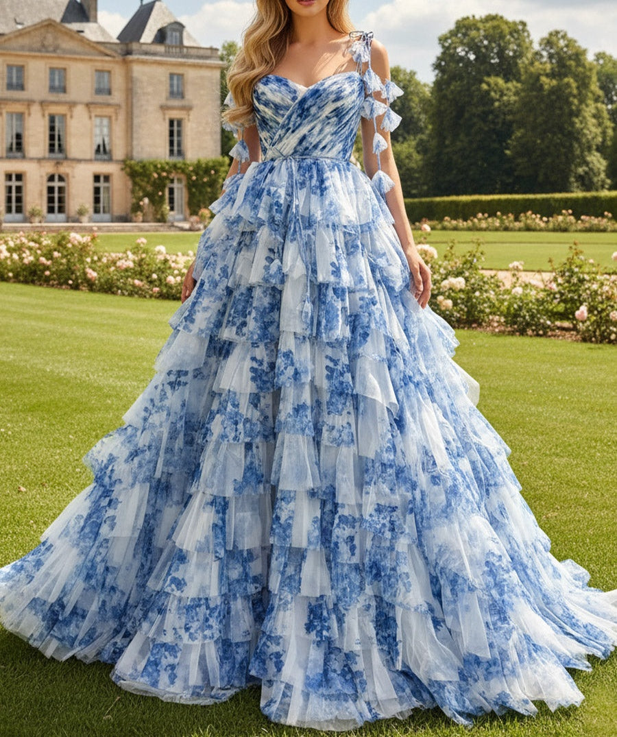 A-Line/Princess Tiered Ruffle Floor-Length Fancy Ball Prom Dresses with Floral Print