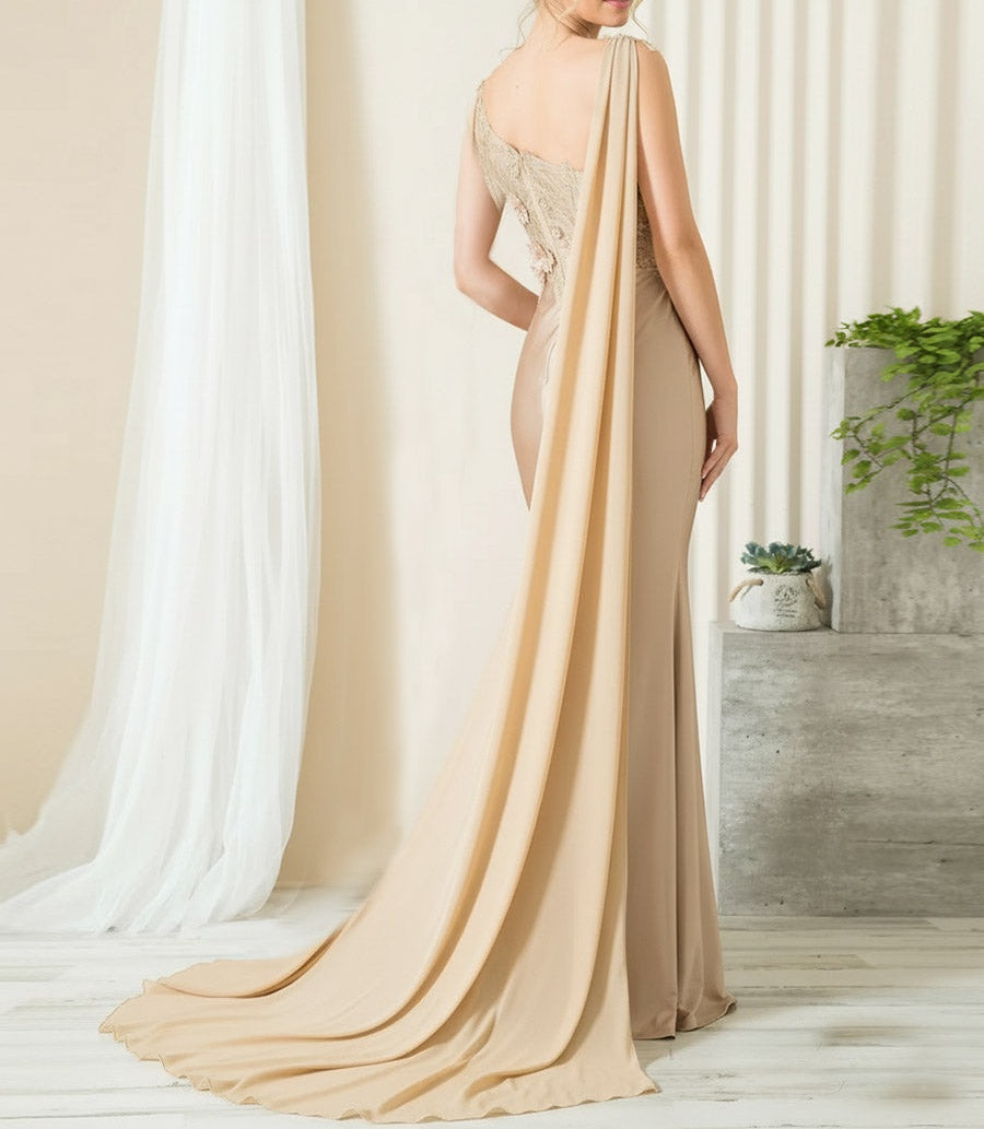 Mermaid 3D Floral One Shoulder Floor-Length Formal Prom Dresses with Cape