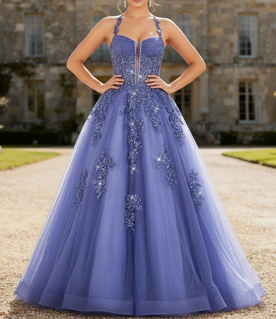 A-Line/Princess Halter Floor-Length Prom Dresses with Lace Appliques