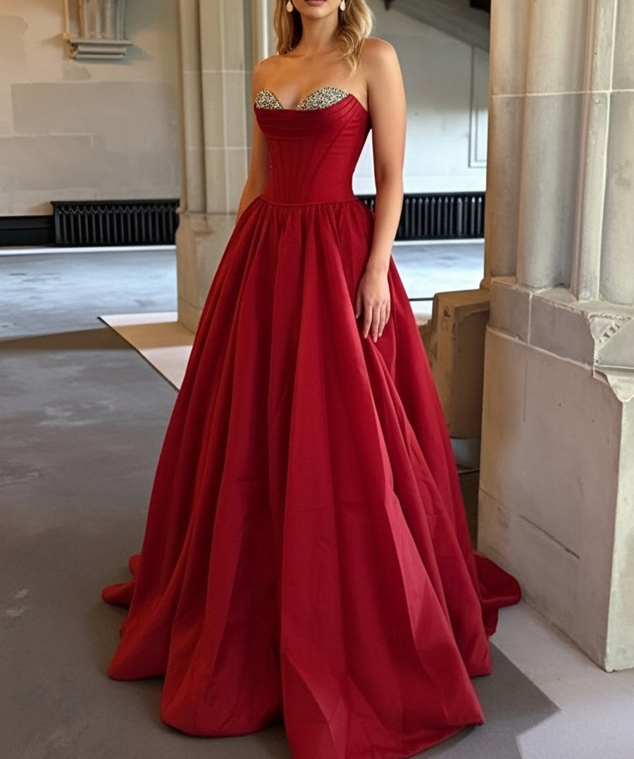 A-Line/Princess Satin Sweetheart Neck Floor-Length Corset Prom Dresses with Sequin