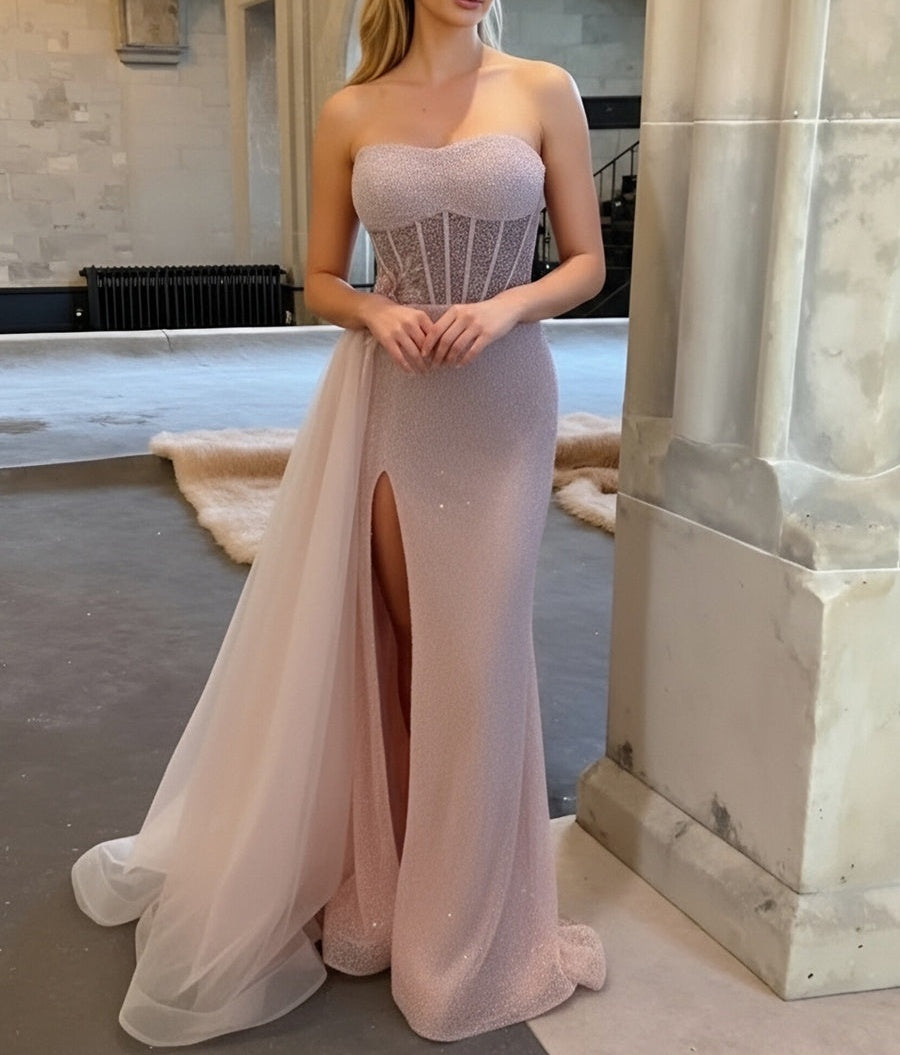 Mermaid Sweetheart Neck Glitter Maxi Formal Prom Dresses with Trail