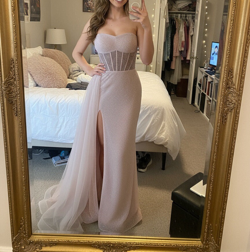Mermaid Sweetheart Neck Glitter Maxi Formal Prom Dresses with Trail