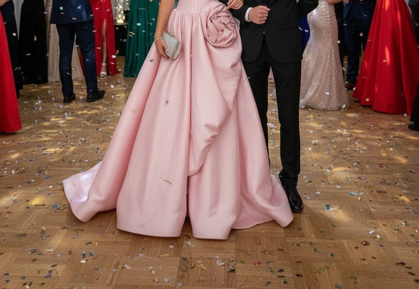 Bubble Drop Waist Strapless Floor Length Prom Dresses with Flower