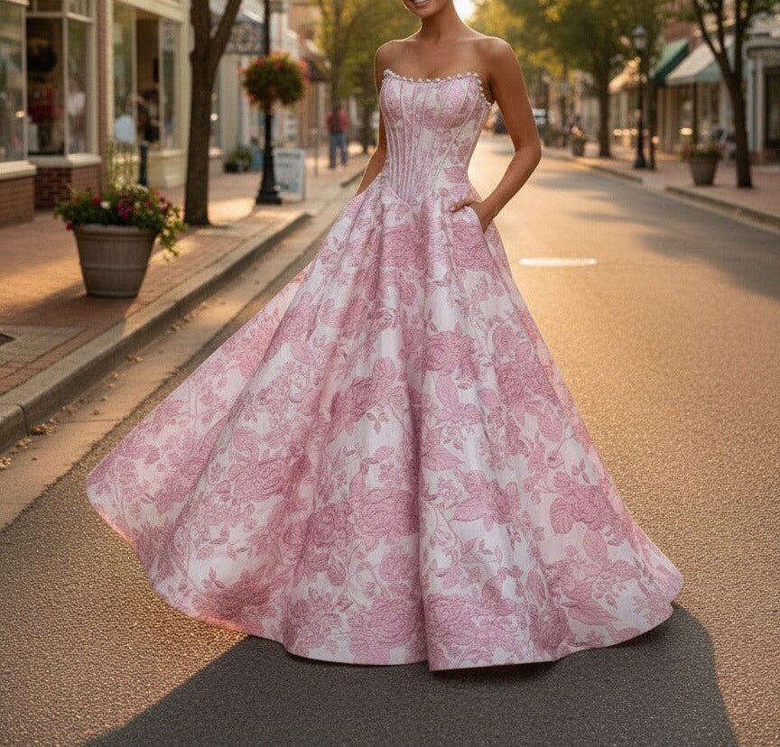 A-Line/Princess Print Flower Strapless Floor Length Prom Dresses with Pockets