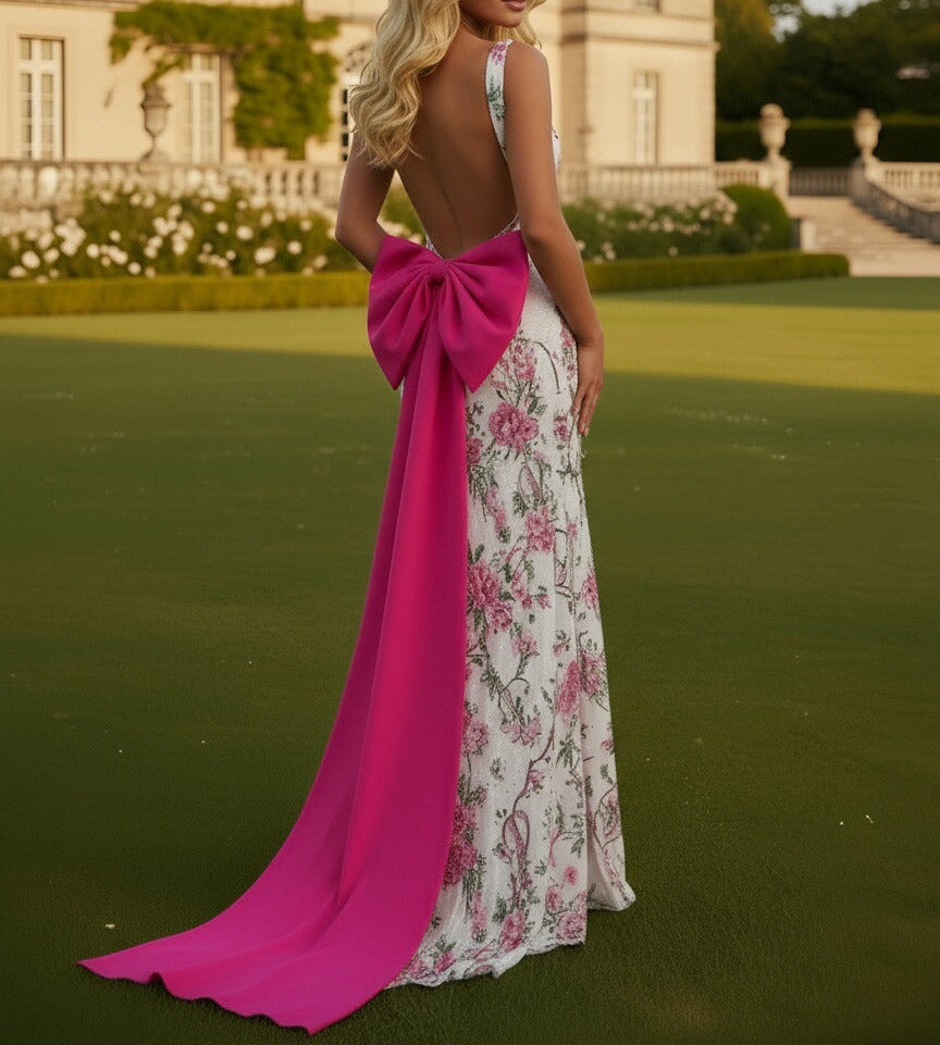 Mermaid Halter Deep V Neck Floral Sequin Floor Length Prom Dresses with Slit