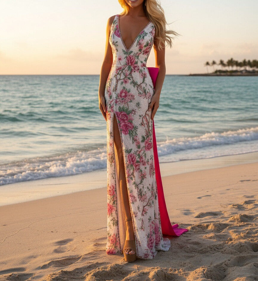 Mermaid Halter Deep V Neck Floral Sequin Floor Length Prom Dresses with Slit
