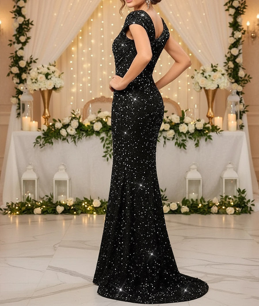 Elegant Mermaid Glitter Asymmetrical Floor Length Prom Dresses with Sequin