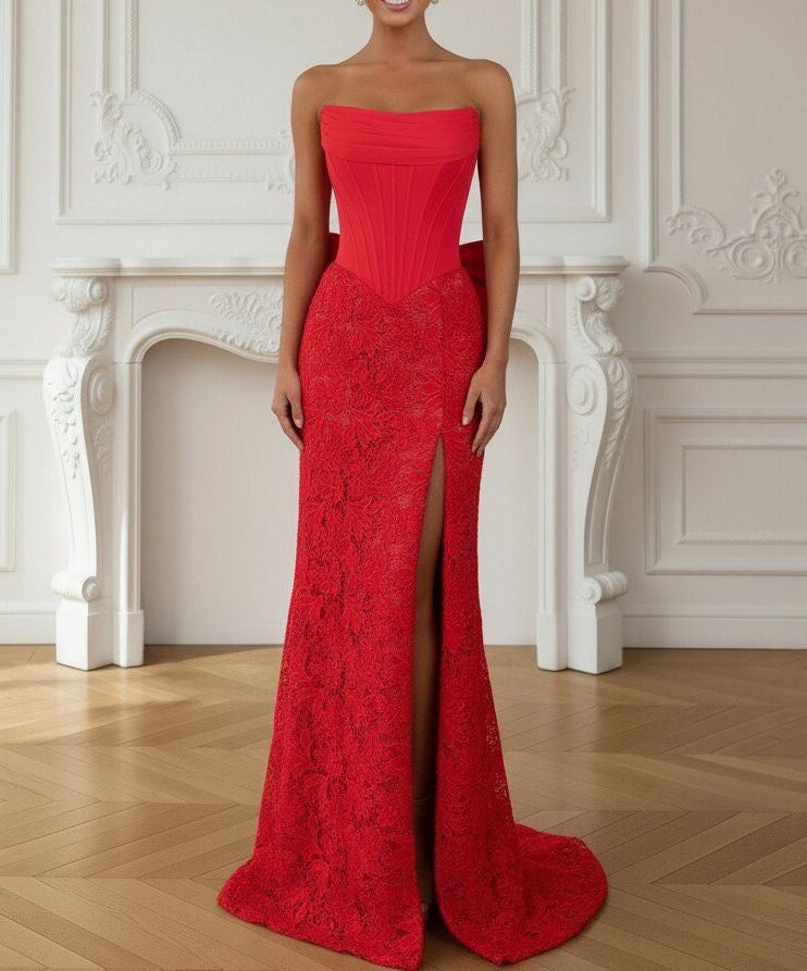 Mermaid Vintage Lace Strapless Split Floor Length Prom Dresses with Back Bow