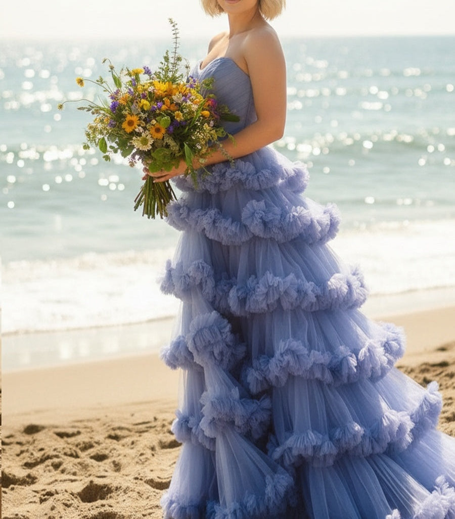 A-Line/Princess Tiered Tulle Floor-Length Prom Dresses with Train