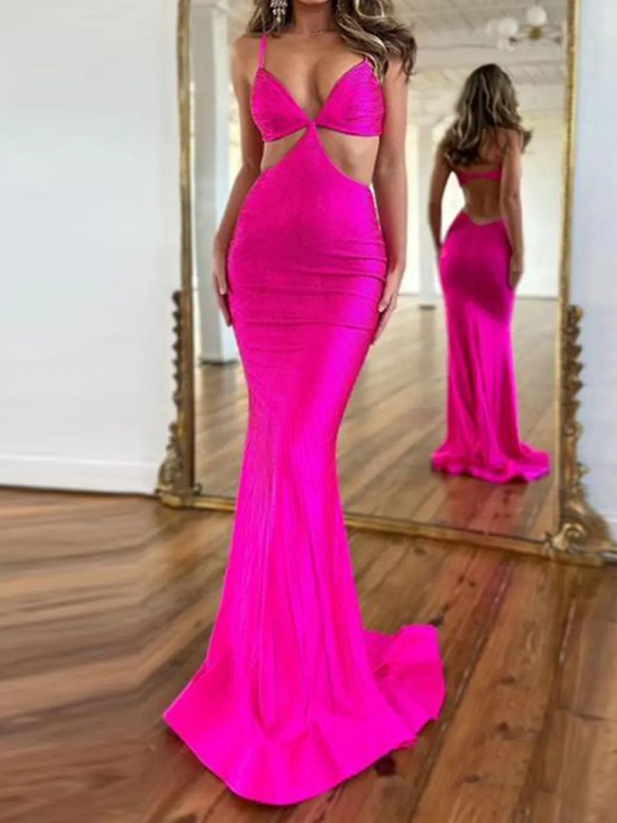 Mermaid V-Neck Cut Out Floor-Length Prom Dresses with Beadings