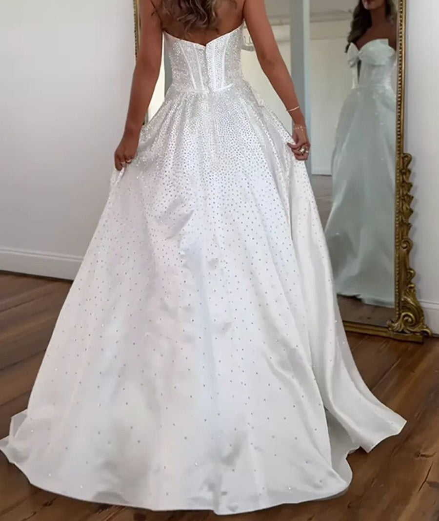A-Line/Princess Beading Strapless Corset Floor-Length Prom Dresses with Bow