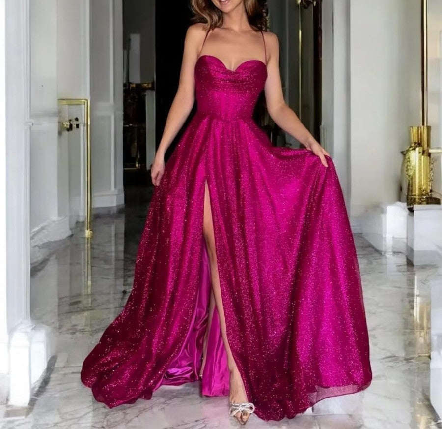 A-Line/Princess Spaghetti Strap Cowl Neck Floor-Length Prom Dresses Sparkly Evening Gown