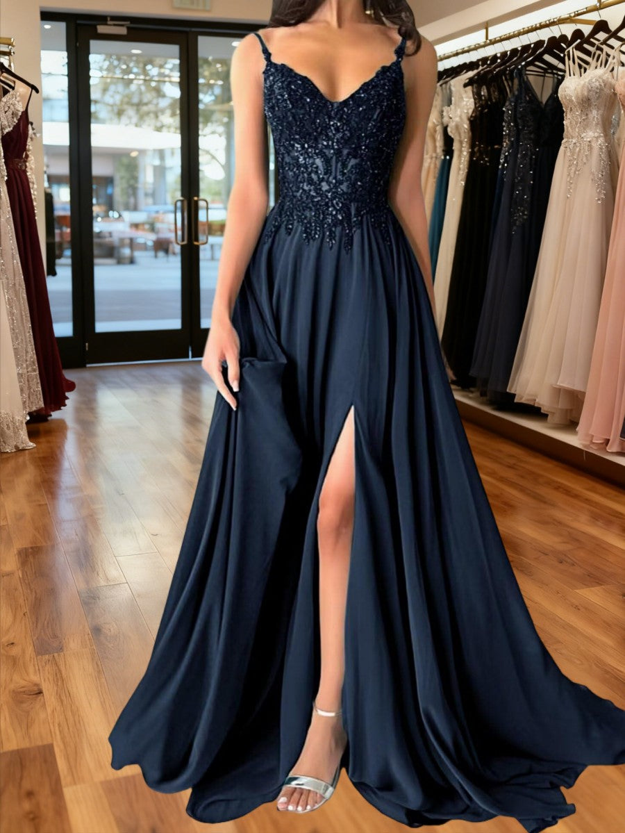 A-Line/Princess Lace Applique V-Neck Spaghetti Strap Floor-Length Prom Dresses with Slit