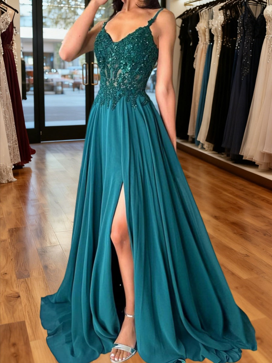 A-Line/Princess Lace Applique V-Neck Spaghetti Strap Floor-Length Prom Dresses with Slit