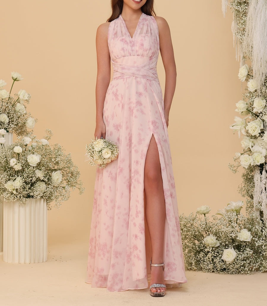 A-Line/Princess Ruched Floor-Length Convertible Bridesmaid Dresses with Floral Print