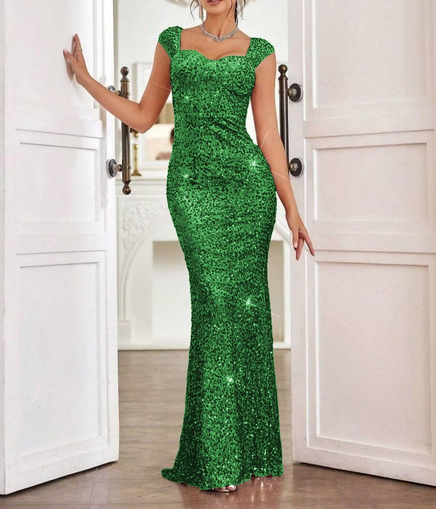 Sheath/Column Cap Sleeve Floor-Length Formal Dresses with Sparkly Sequin