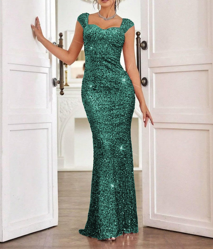 Sheath/Column Cap Sleeve Floor-Length Formal Dresses with Sparkly Sequin