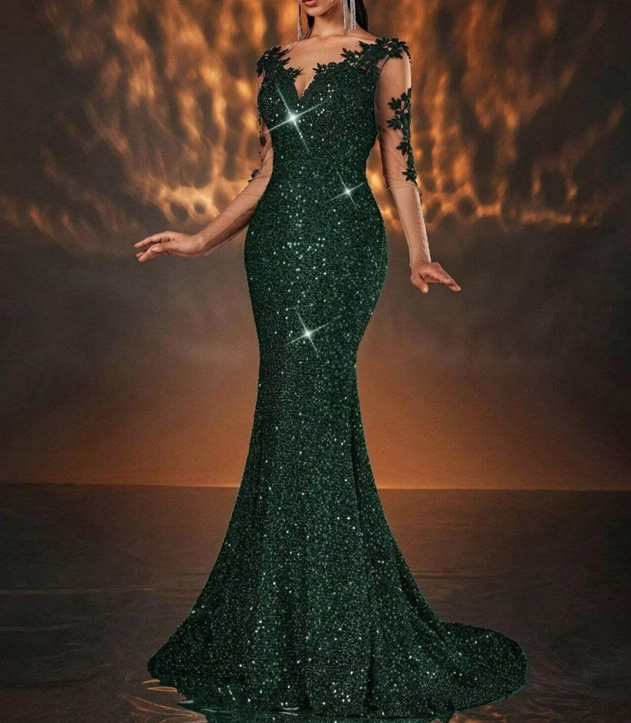 Mermaid/Trumpet Long Sleeve Glitter Floor-Length Formal Dresses with Lace Appliques