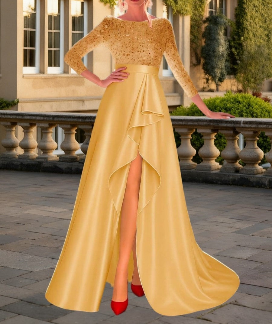 Mermaid/Trumpet Long Sleeve Sparkly Sequin Floor-Length Formal Dresses with Ruffle