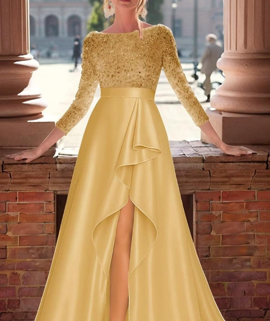 Mermaid/Trumpet Long Sleeve Sparkly Sequin Floor-Length Formal Dresses with Ruffle