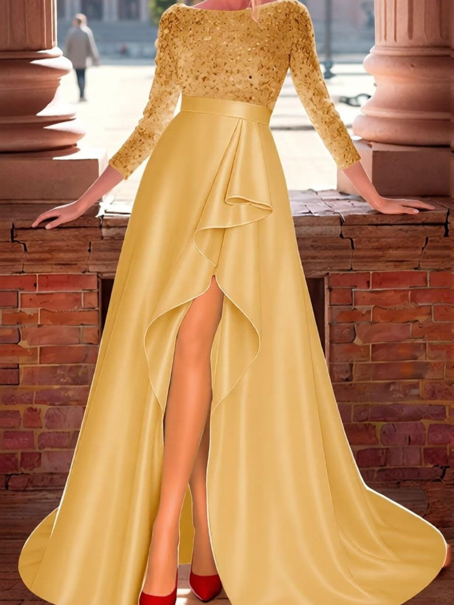 Mermaid/Trumpet Long Sleeve Sparkly Sequin Floor-Length Formal Dresses with Ruffle