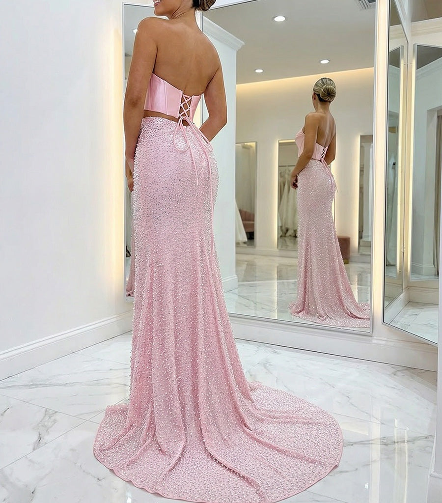 Halter Beading Satin Corset Prom Dresses Bodycon High Slit