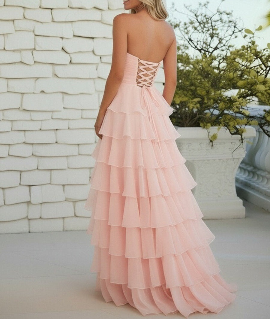 A-Line/Princess Strapless Tiered Cut-out Ruffles Prom Dresses with Flower