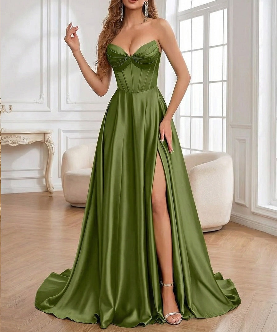 A-Line/Princess Sweetheart Satin Floor-Length Formal Prom Dresses with Side Slit
