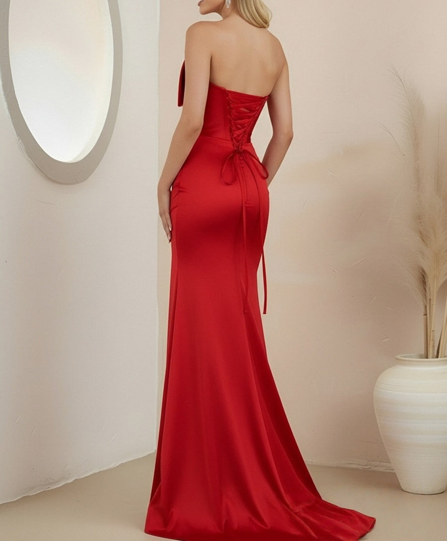 Mermaid/Trumpet Cut-out Satin Ruched Floor-Length Prom Dresses with Bow